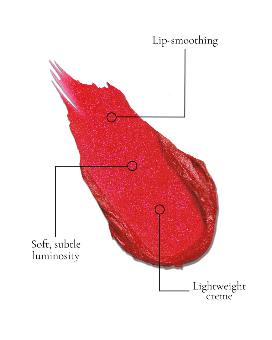 Scarlet Sequin Rouge Experience Swatch, a soft, tomato red with subtle pearl shimmer with USPs: Lip-smoothing, Soft, subtle luminosity, Lightweight creme