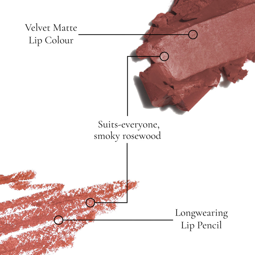 Close-up of a Velvet Muse and Muse Enhance and Define swatches with USPs text: Suits-everyone, smoky rosewood and Velvet Matt Lip Colour, Longwearing Lip Pencil