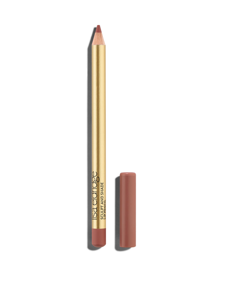 Mauve pink lip pencil with gold barrel and shade-matching cap, shown on a white background