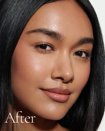 after1 block Close up portrait of model after application  of T10 with text stating 'After'