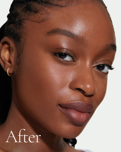 after1 block Close up portrait of model after application  of T14 with text stating 'After'