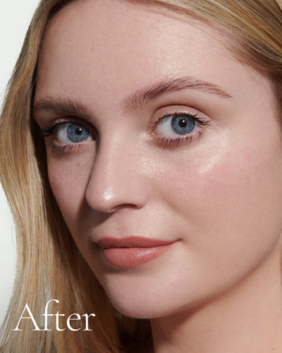 after1 block Close up portrait of model after application  of T3 with text stating 'After'