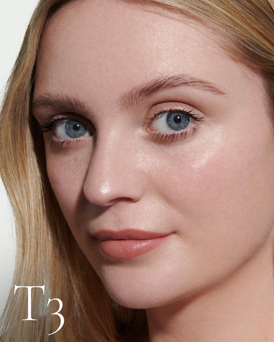 numbered howtouse Close up portrait of model wearing T3 with text displaying so