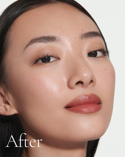 after1 block Close up portrait of model after application  of T6 with text stating 'After'