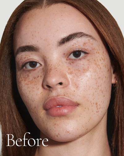 before3 block  Close up portrait of model before wearing Tint with text stating 'Before'