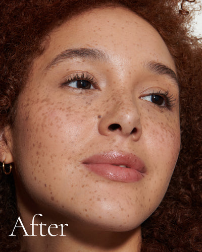 after2 block Close up portrait of model after application  of T8 with text stating 'After'