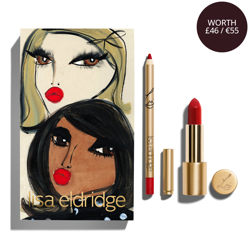 Product cover with artistic depiction of two models alongside Lisa Eldridge Velvet Ribbon and Ribbon Enhance and Define Lip Pencil, with text: WORTH £46/55EUR