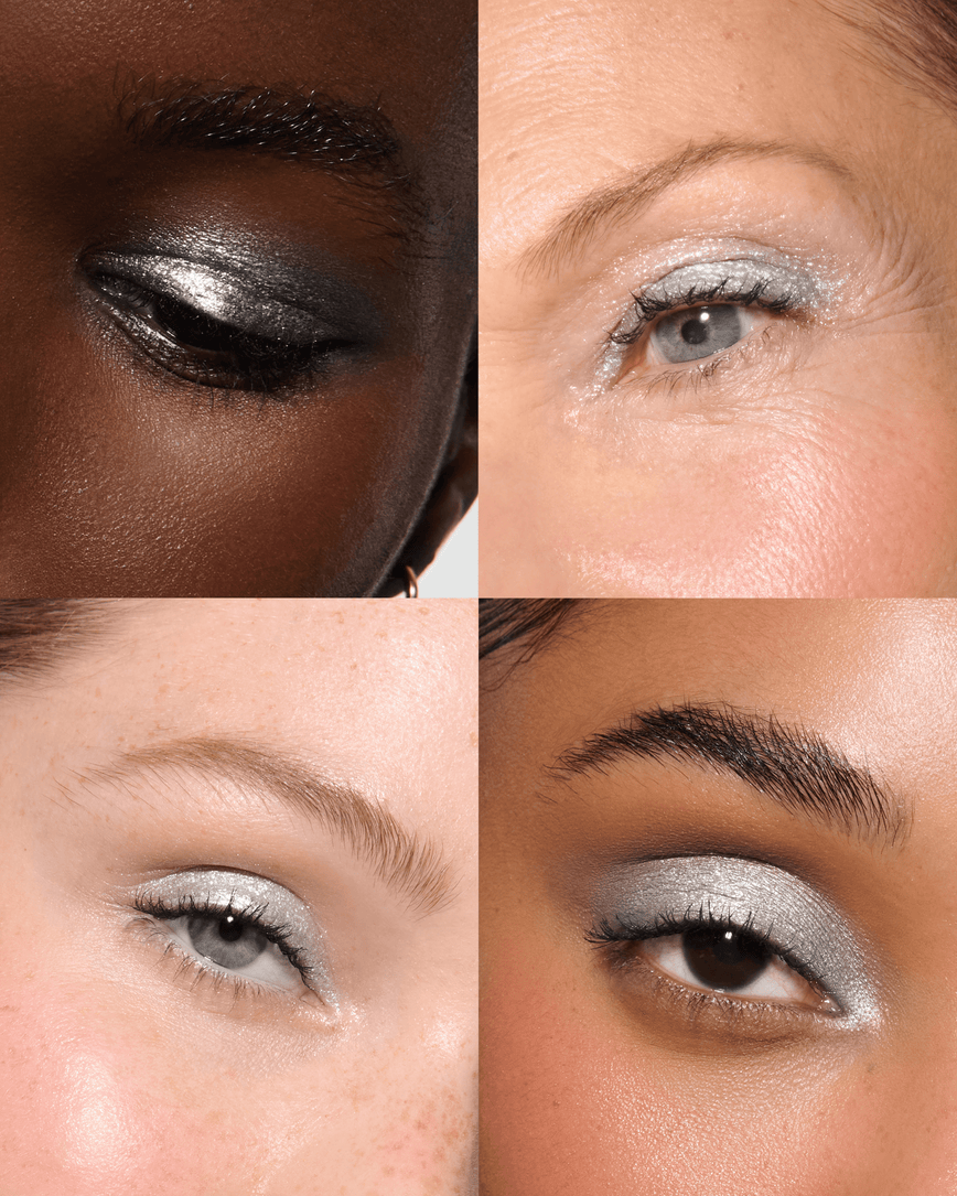 Close-up of four models' eyes,  wearing Aria Liquid Lurex Liquid Eyeshadow, a true, cool, clear silver.