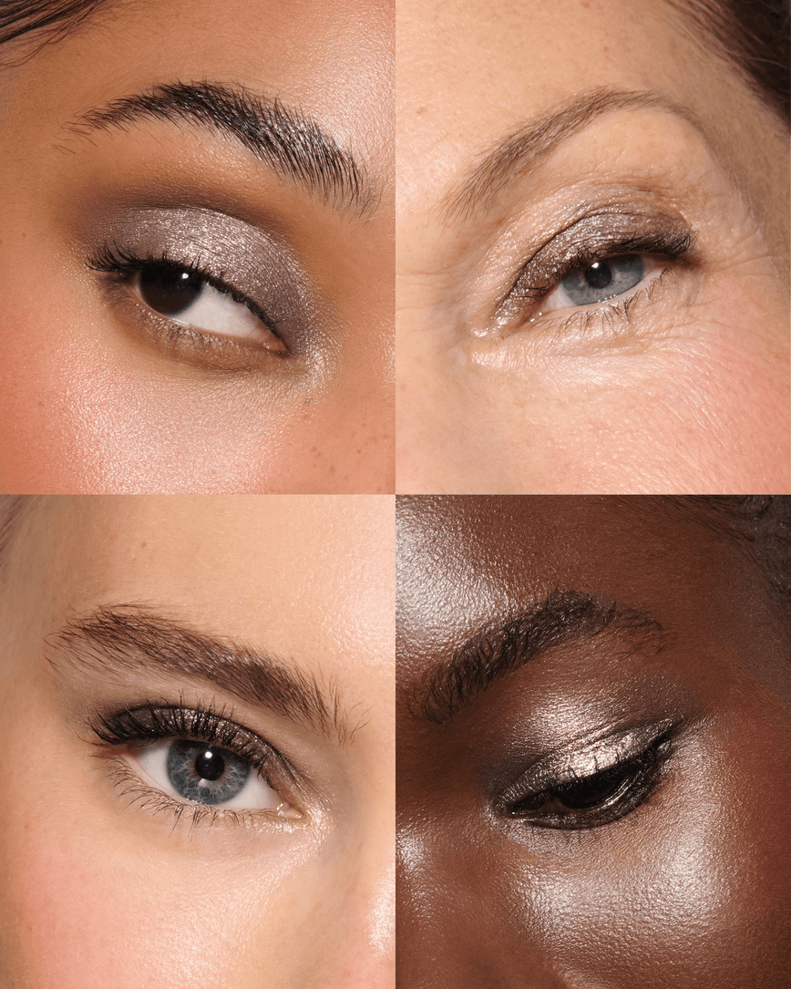 Close-up of four models' eyes,  wearing Selene Liquid Lurex Liquid Eyeshadow, a tarnished, cool toned greenish/silver.
